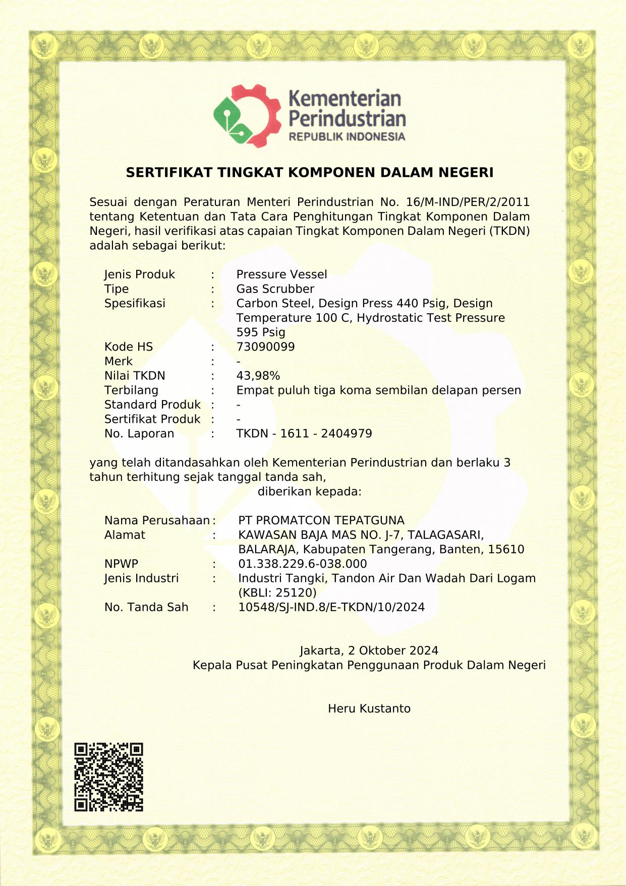 Sertifikat TKDN Gas Scrubber